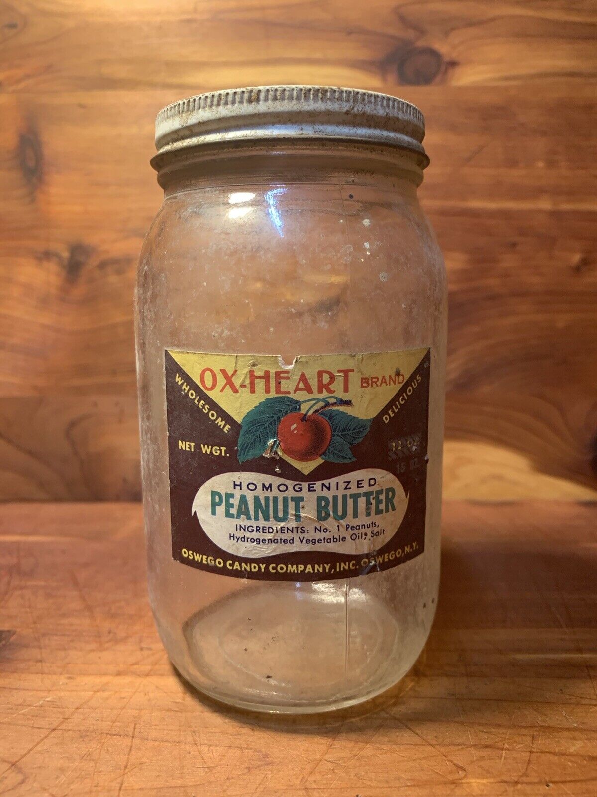 Vintage OX-HEART Peanutbutter Jar- Oswego Candy Co, Oswego NY