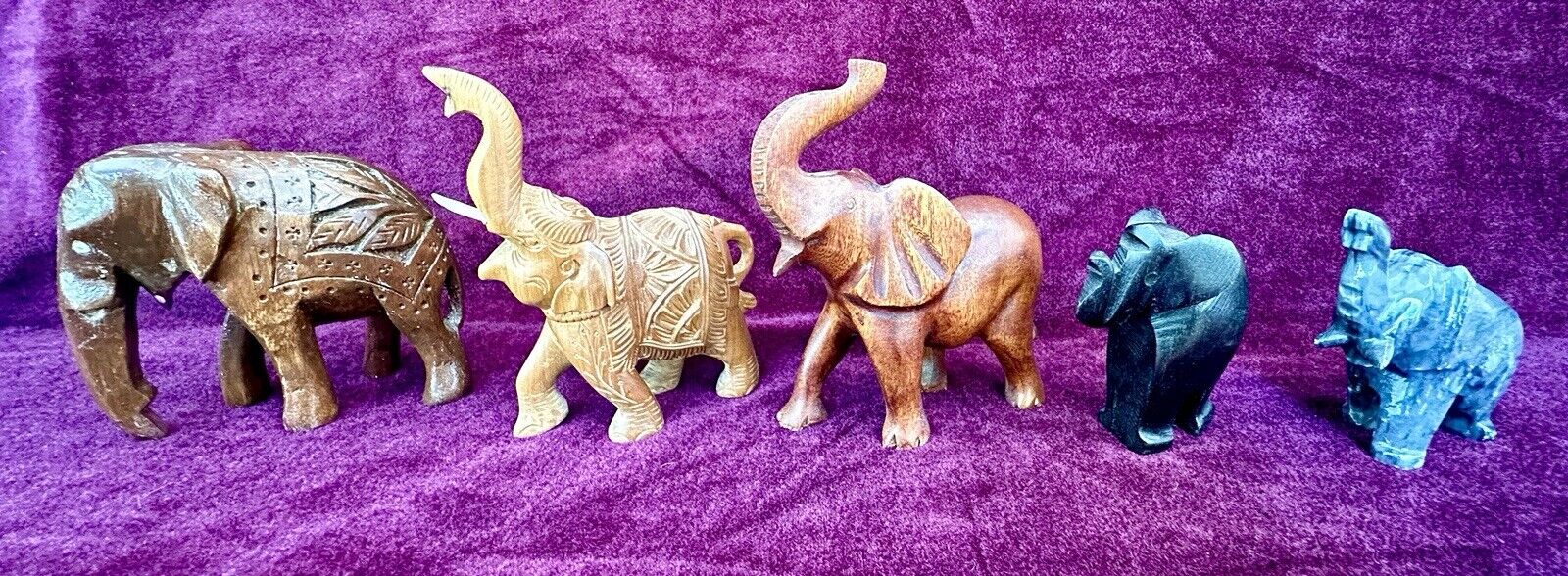 Collection of Hand Carved Wood and Marble Elephants