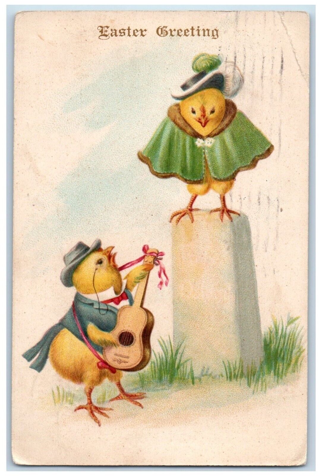1906 Easter Greeting Anthropomorphic Chicks Serenade Posted Antique Postcard