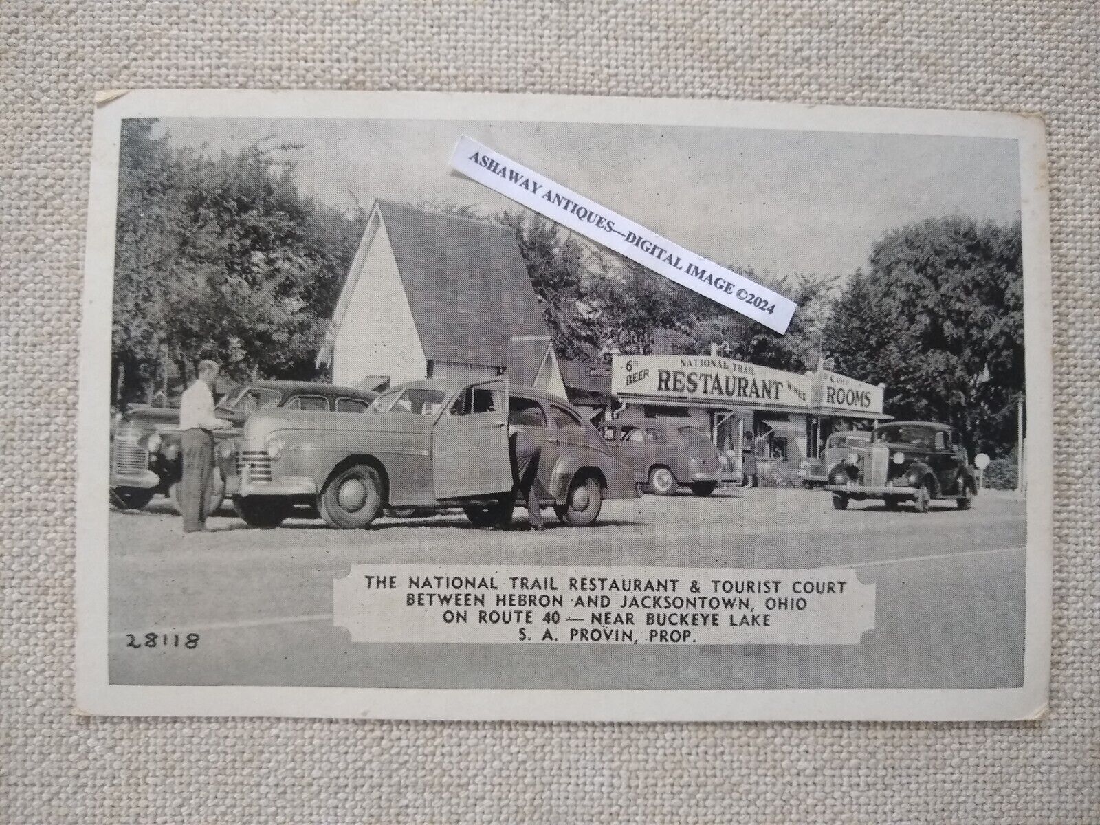 1947 RPPC of AUTOS at NATIONAL ROAD RESTAURANT near HEBRON & JACKSONTOWN OHIO