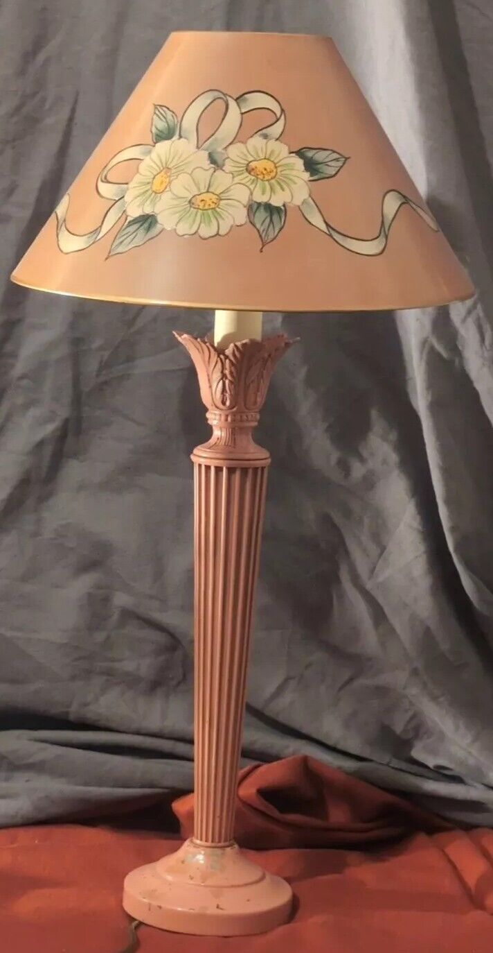 24 In Tall Pink Metal Lamp And Shade Flower Patterned 