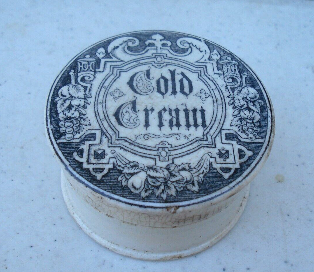 Antique ORIGINAL, Gothic print & bunches of fruit pattern Cold Cream Jar pot lid
