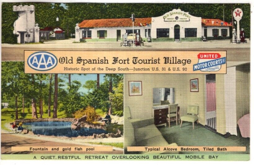 LINEN Postcard    OLD SPANISH FORT TOURIST VILLAGE  -  MOBILE, AL