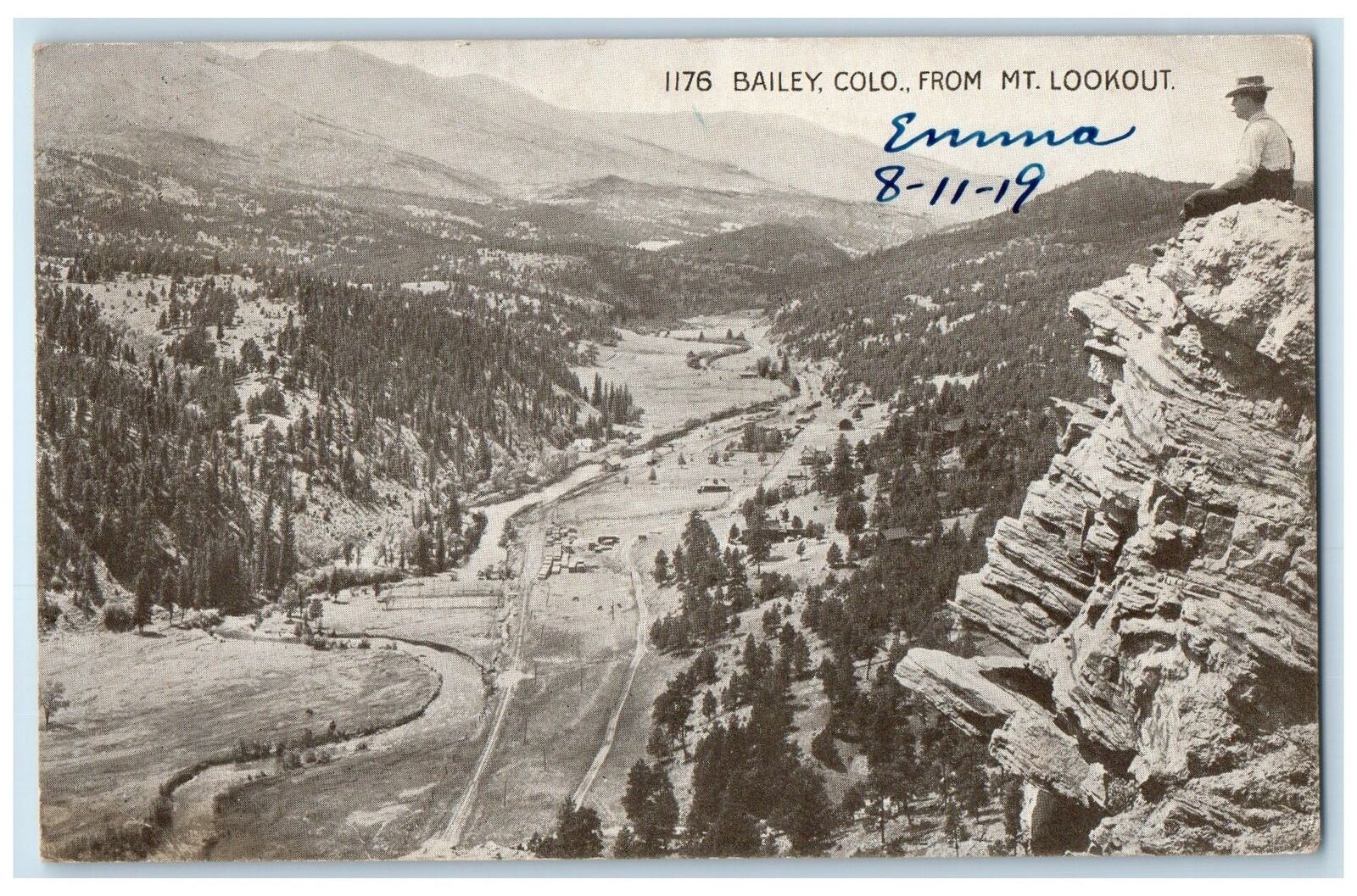 1919 From Mt Lookout Man On Vista Valley River Grove Bailey Colorado CO Postcard