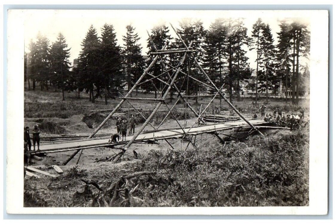 c1918 US Army Soldiers Makeshift Bridge Construction RPPC Unposted Postcard