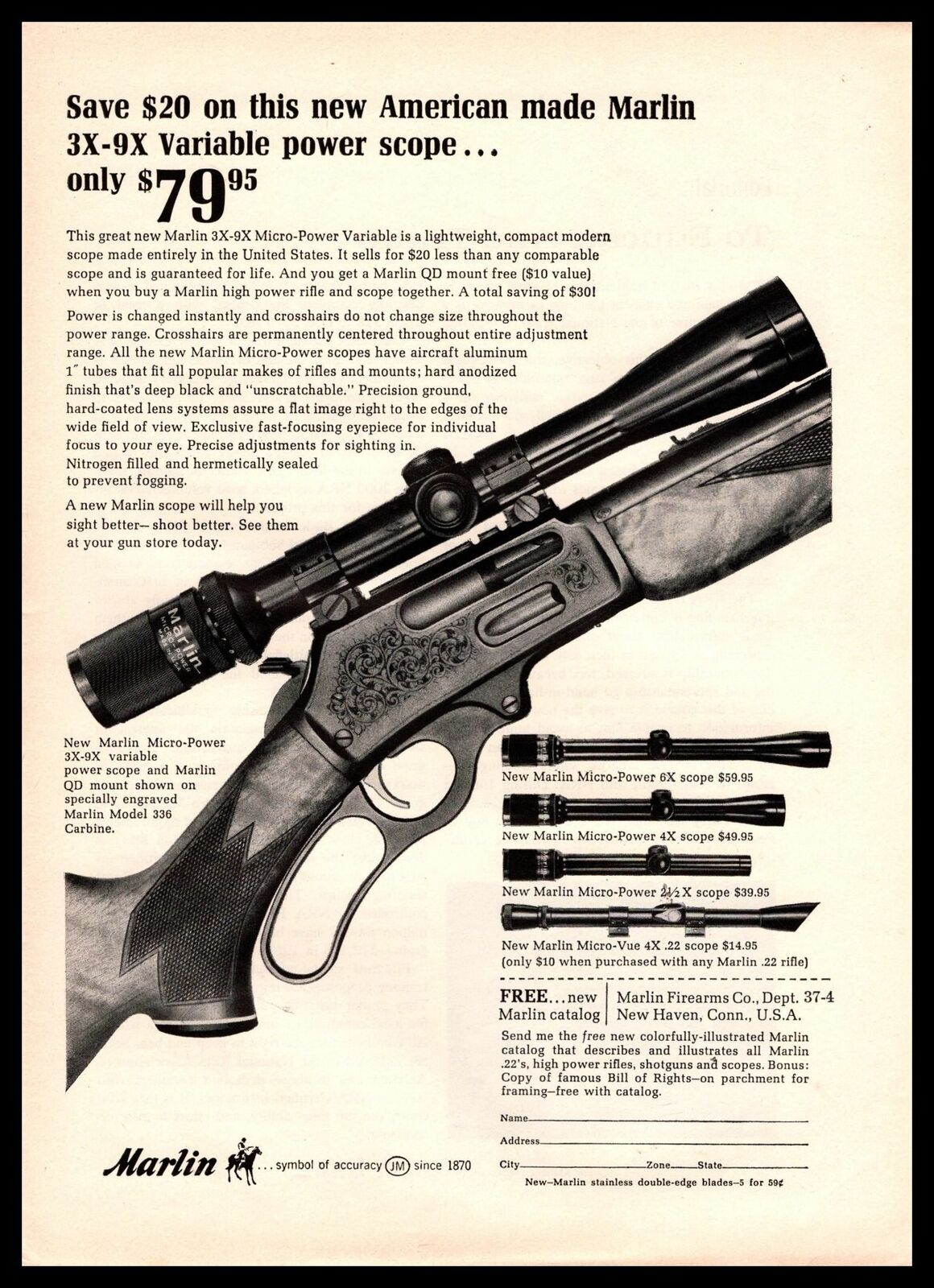 1964 Marlin Firearms Micro Power 3X-9X Rifle Scope And QD Mount Vintage Print Ad