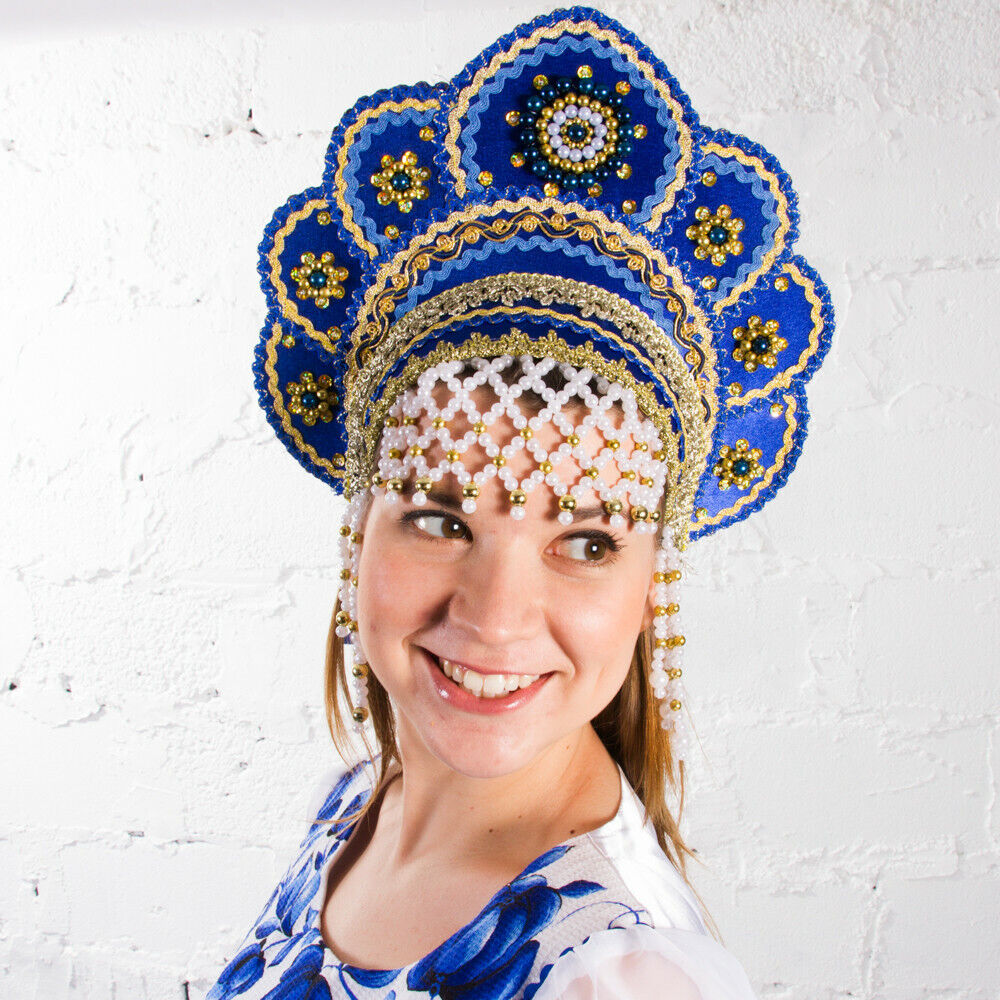 Blue Kokoshnik Traditional Russian Folk Costume Headdress. Elena Кокошник 