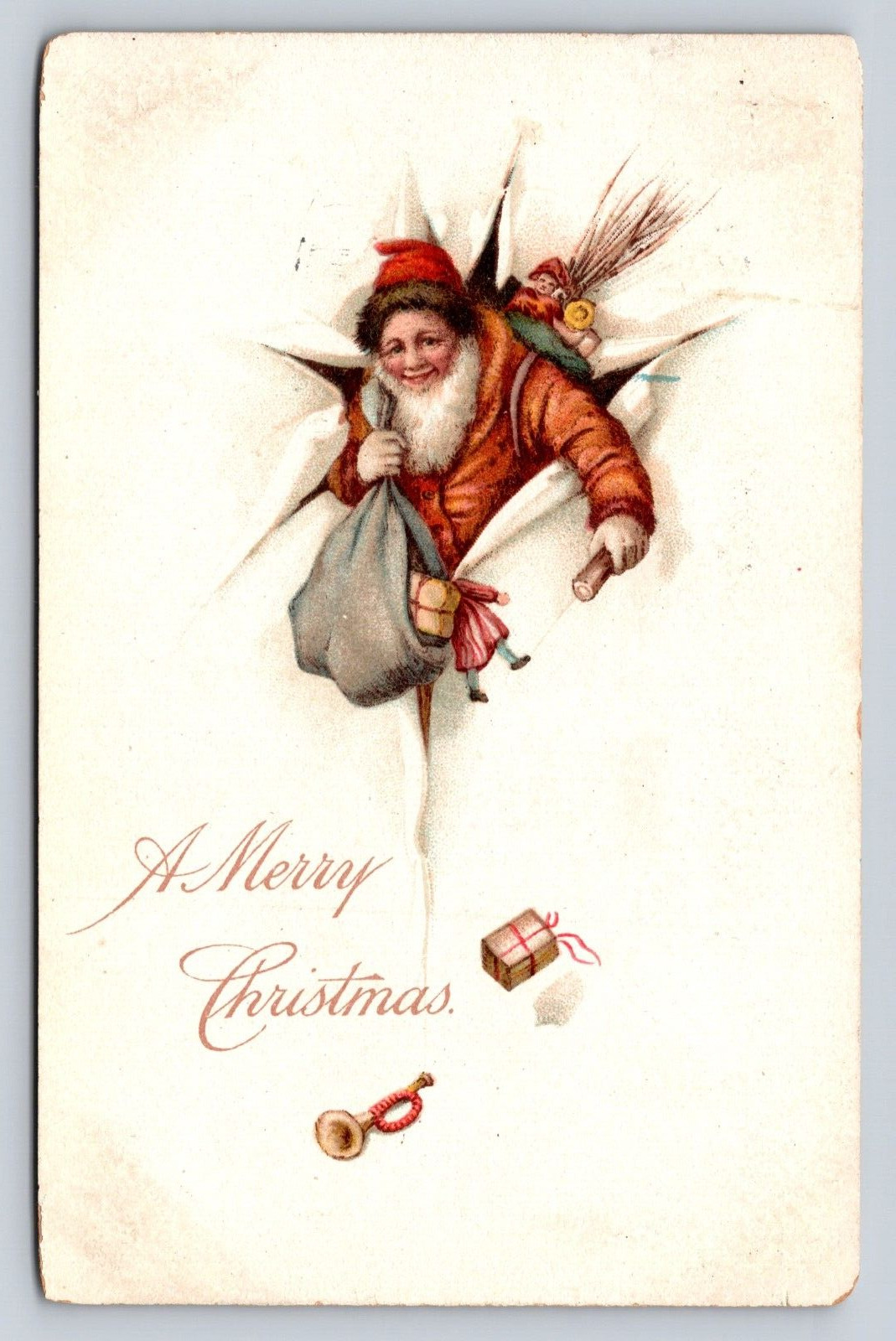 c1910 Brown Santa Claus Bursting Through Paper Toys Presents Doll Christmas P604