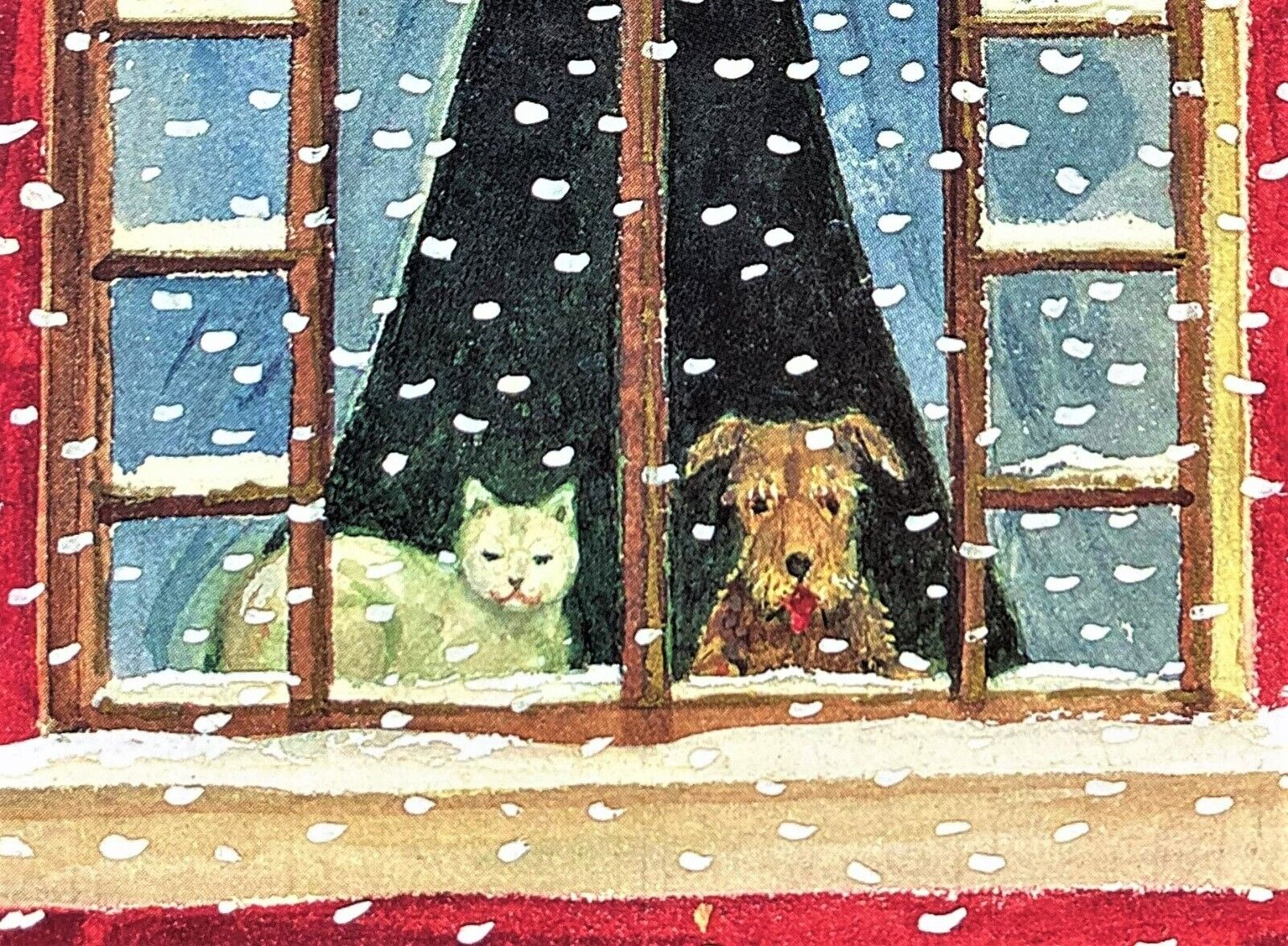 *ONE* Caspari Christmas Card SMALL White Cat & Brown Dog In House Window Snow 1