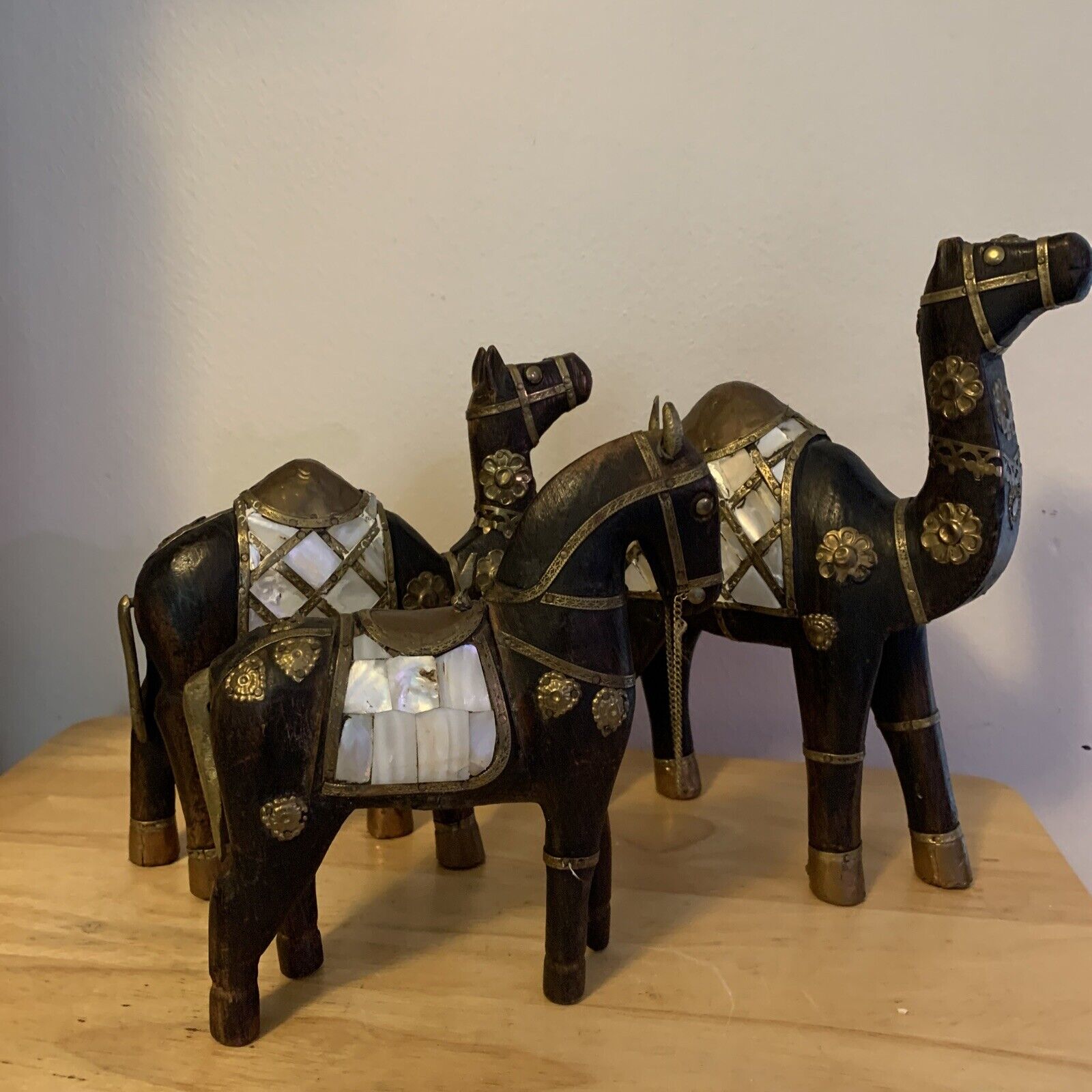 3Pc Vtg  Hand Carved Wooden Horse &  2 Camels With Brass And Mother Of Pearl