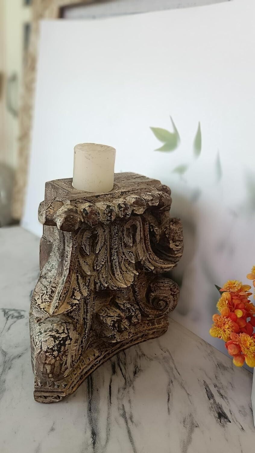 vintage Hand Craved Wooden Candle Stand, Hand Made Rustic Brown Unique Candle