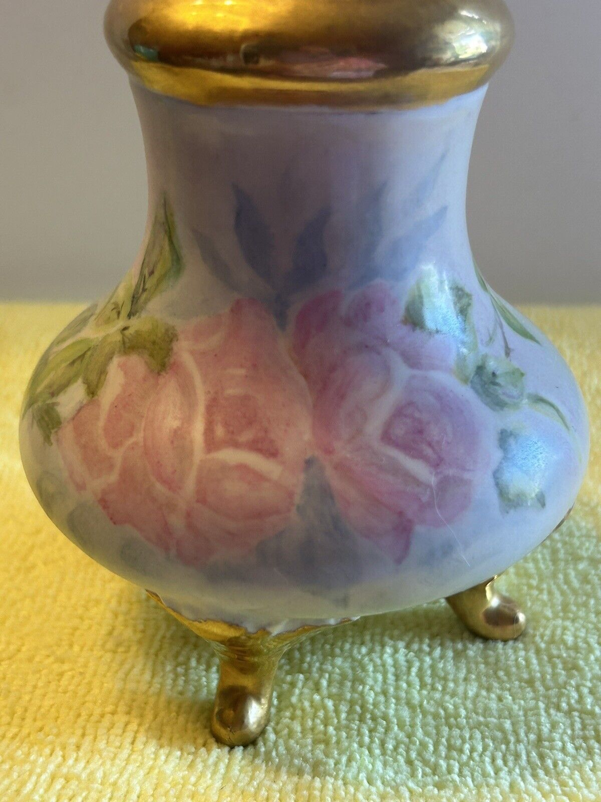 Victorian Antique Footed Hatpin Holder Hand Painted Pink Roses Gilt Signed