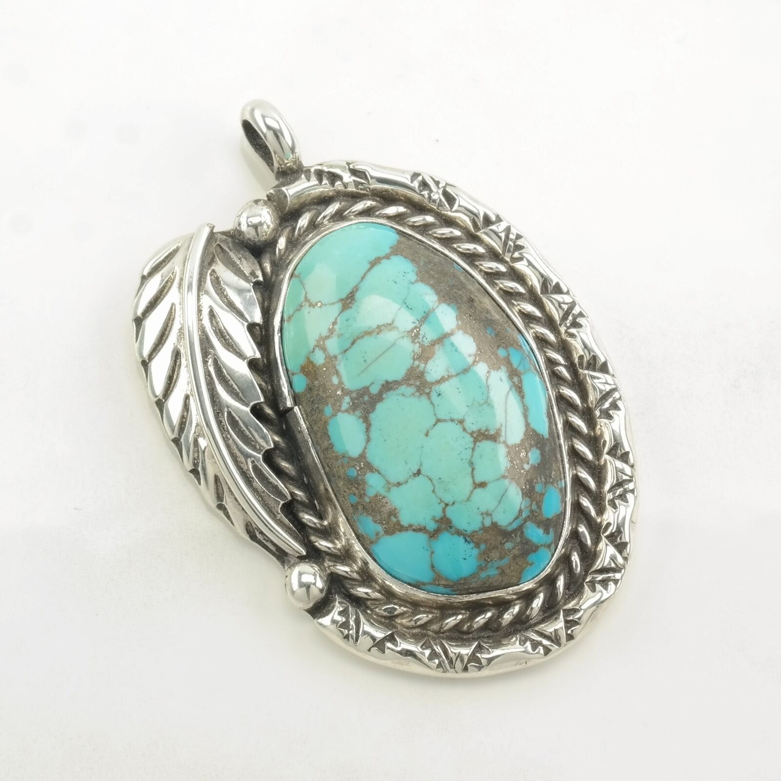 Vintage Native American Spiderweb Turquoise Feather Sterling Silver Pendant