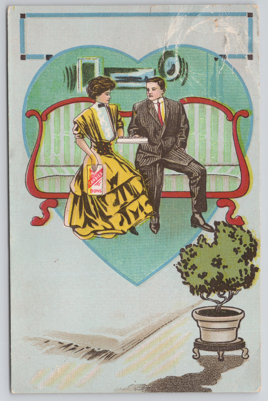 Couple On Couch Holding Box Of Candies Posted Divided Back Postcard