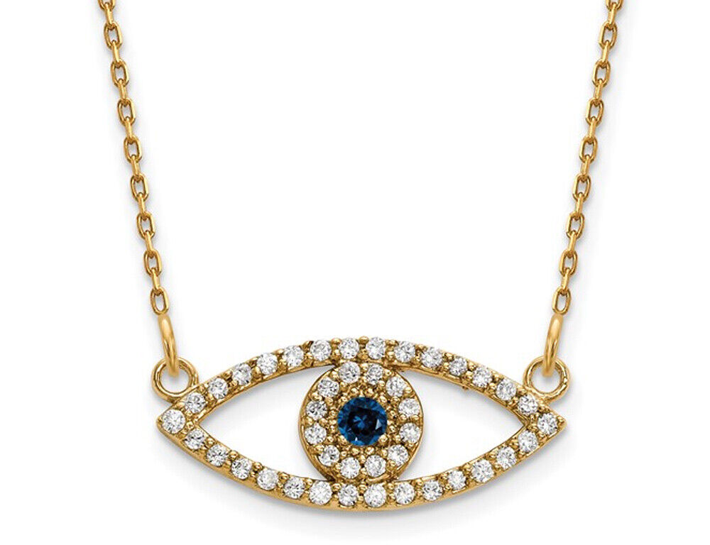 1/20 Carat (ctw) Blue Sapphire Evil Eye Pendant Necklace in 14K Yellow G