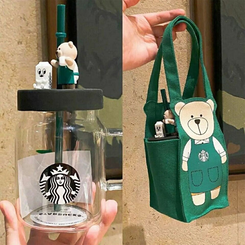 Starbucks China Mason Straw Cup 600ml Bear Glass Cup With Green Canvas Carry Bag