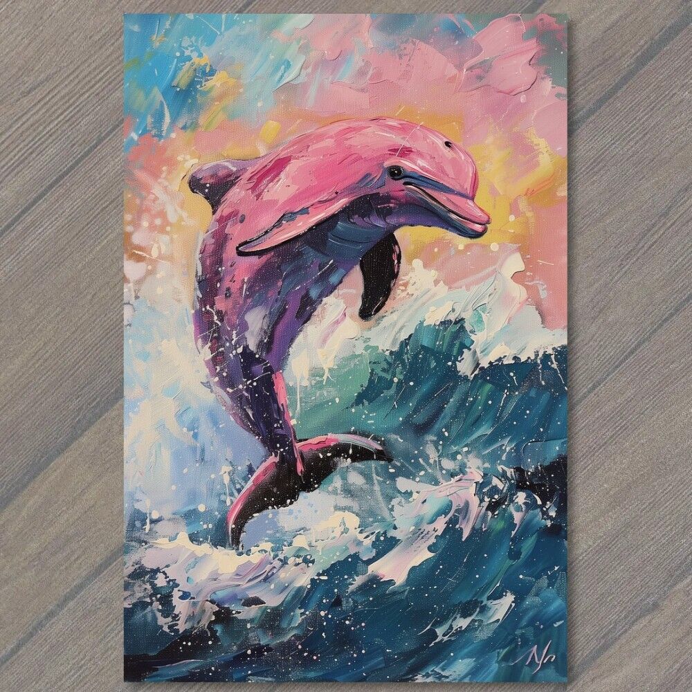 POSTCARD Pink Dolphin Jumping Out of Water Ocean Sea Unusual Rare Fun Cute