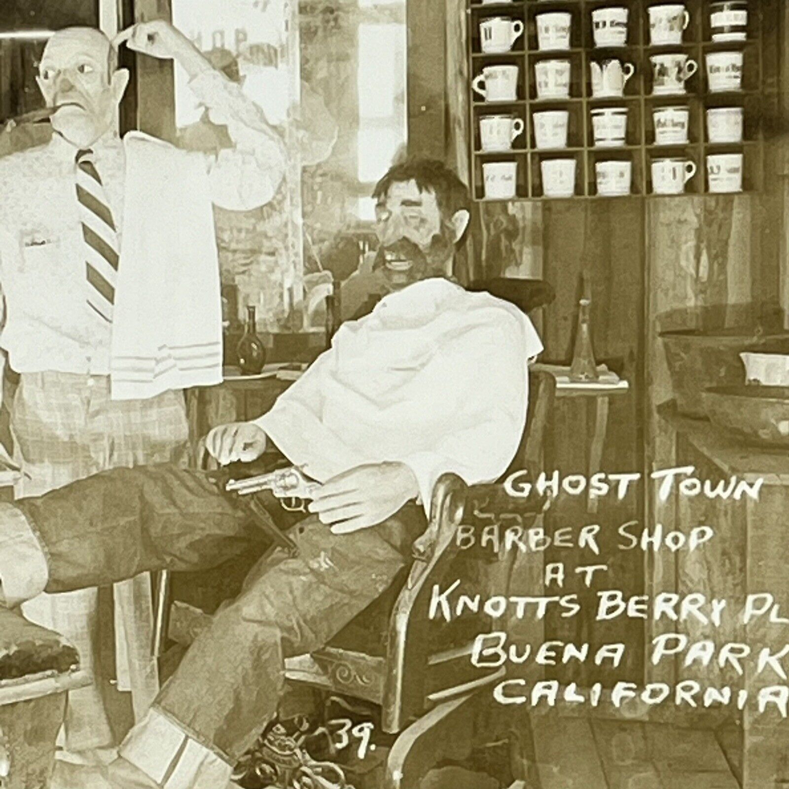 Vintage RPPC Buena Park, CA Postcard Knott\'s Berry Farm Ghost Town Barber Shop