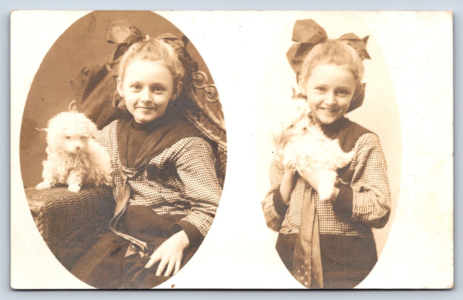 Postcard RPPC Christmas Day Cute Little Girl Bow Dual View Adorable Puppy Dog C3