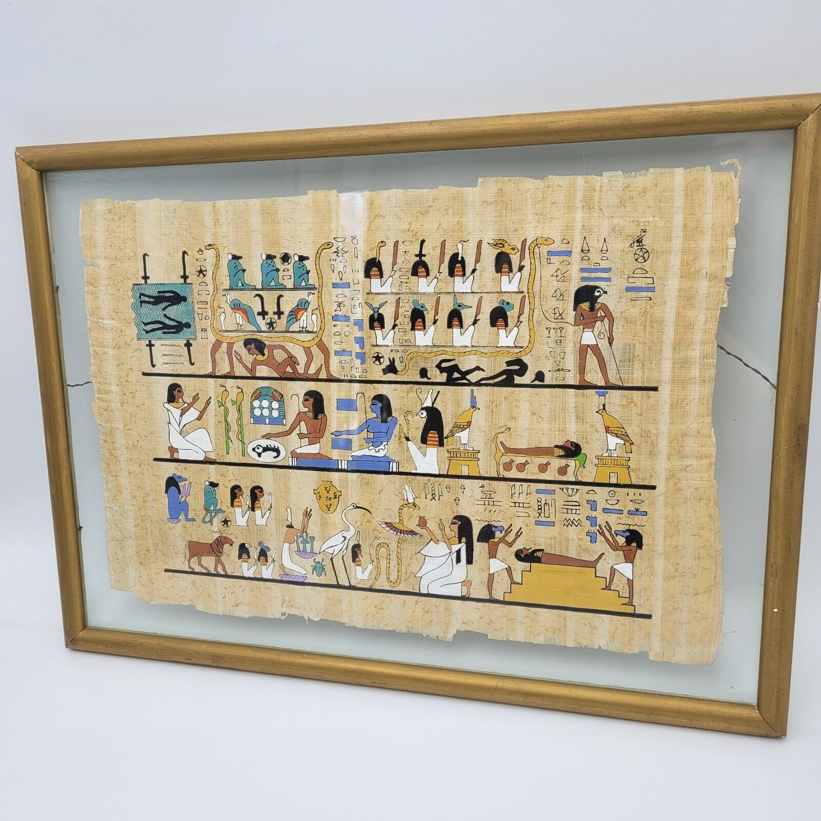 Vintage EGYPTIAN Hieroglyph ART ON PAPYRUS FUNERAL CEREMONY Glass Framed