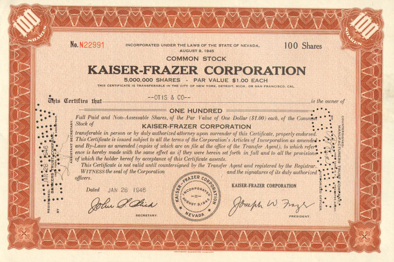 Kaiser Frazer Nevada auto car automobile vintage stock certificate share