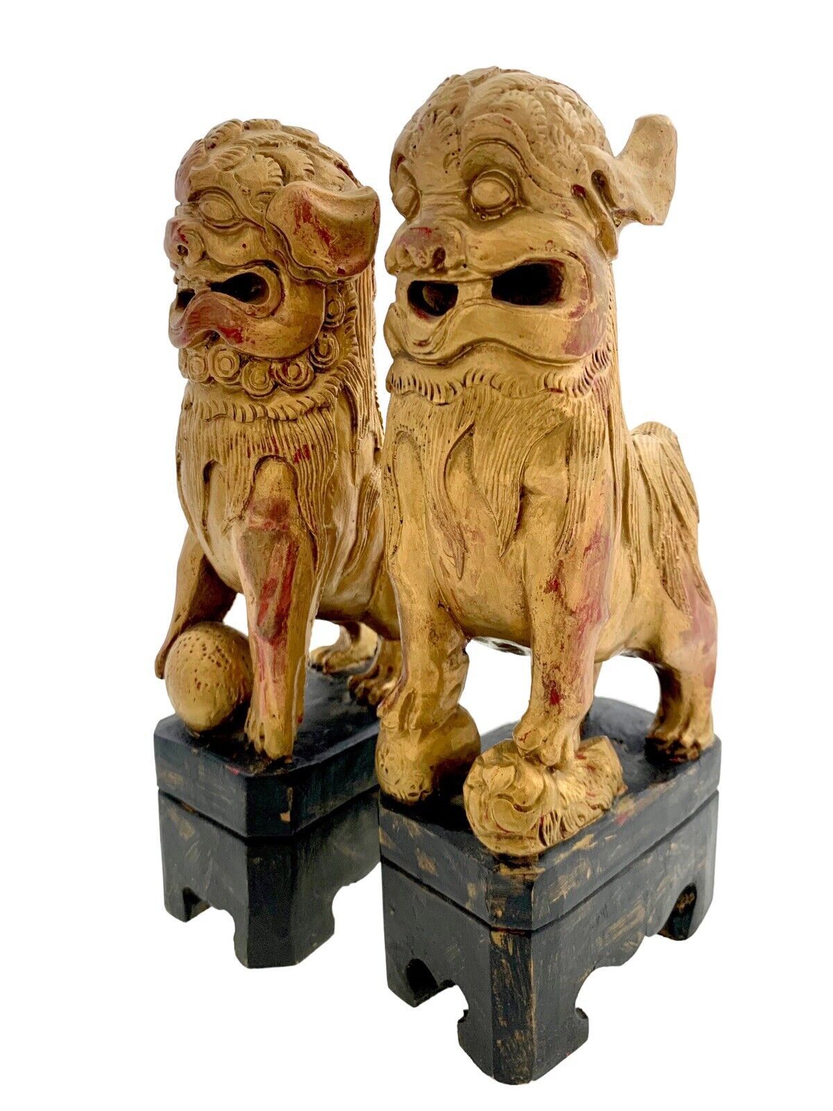 Foo Dog Figurine Pair Fu Lion Carved Wood Gold Gilt Asian Antique Oriental Decor