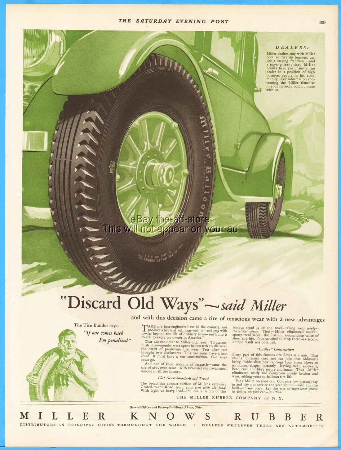 1927 Miller Rubber Co Akron Ohio Car and Bus Tires AWESOME Garage Wall Decor Ad