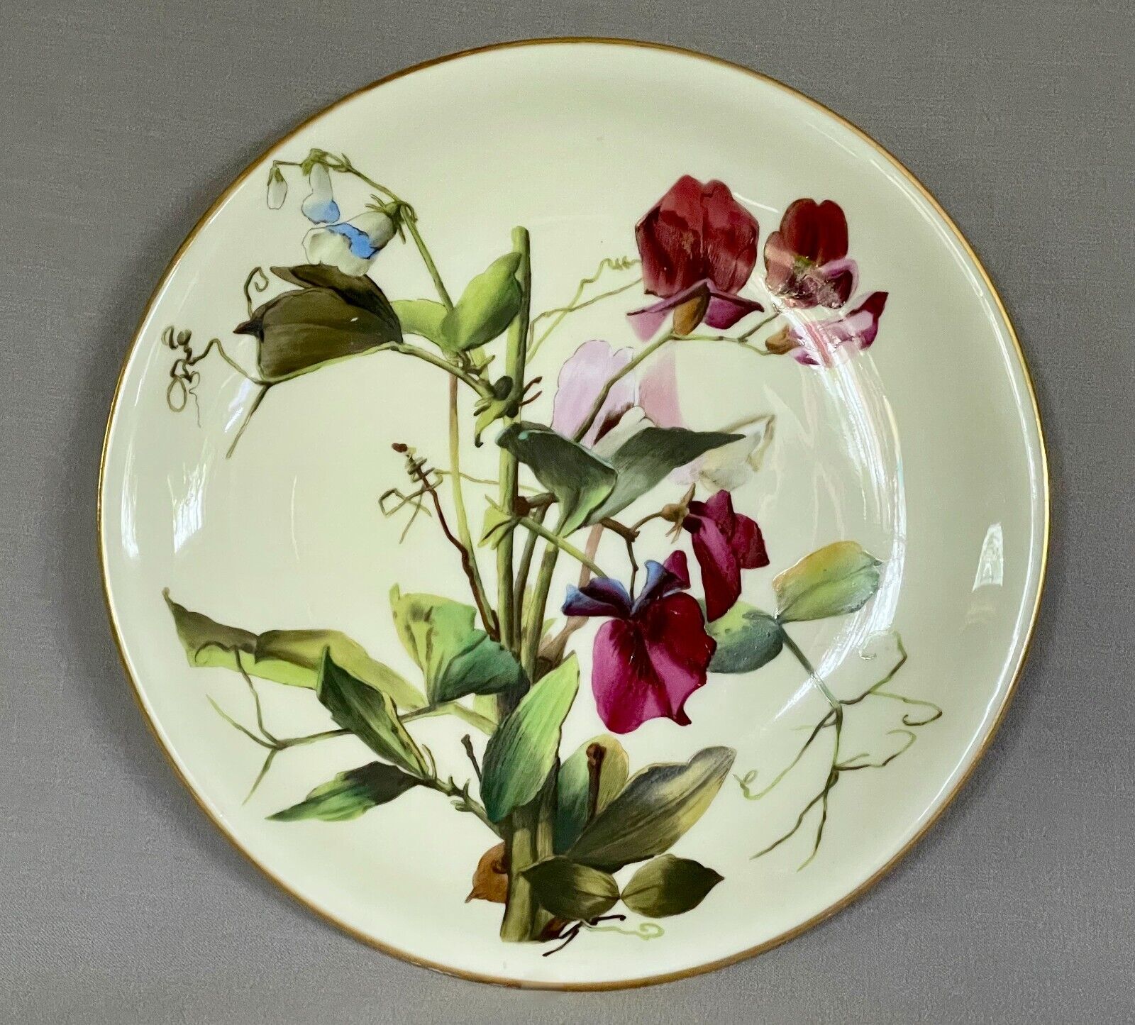 Rare Antique Mintons Hand Painted Porcelain Plate - 'Sweet Peas' - Collamore NY