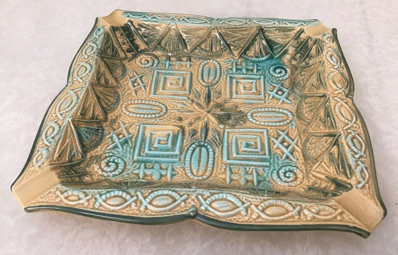 Vintage Ceramic Textured 9” Square Ashtray Sand & Lt Blue Aqua Hippie  Boho