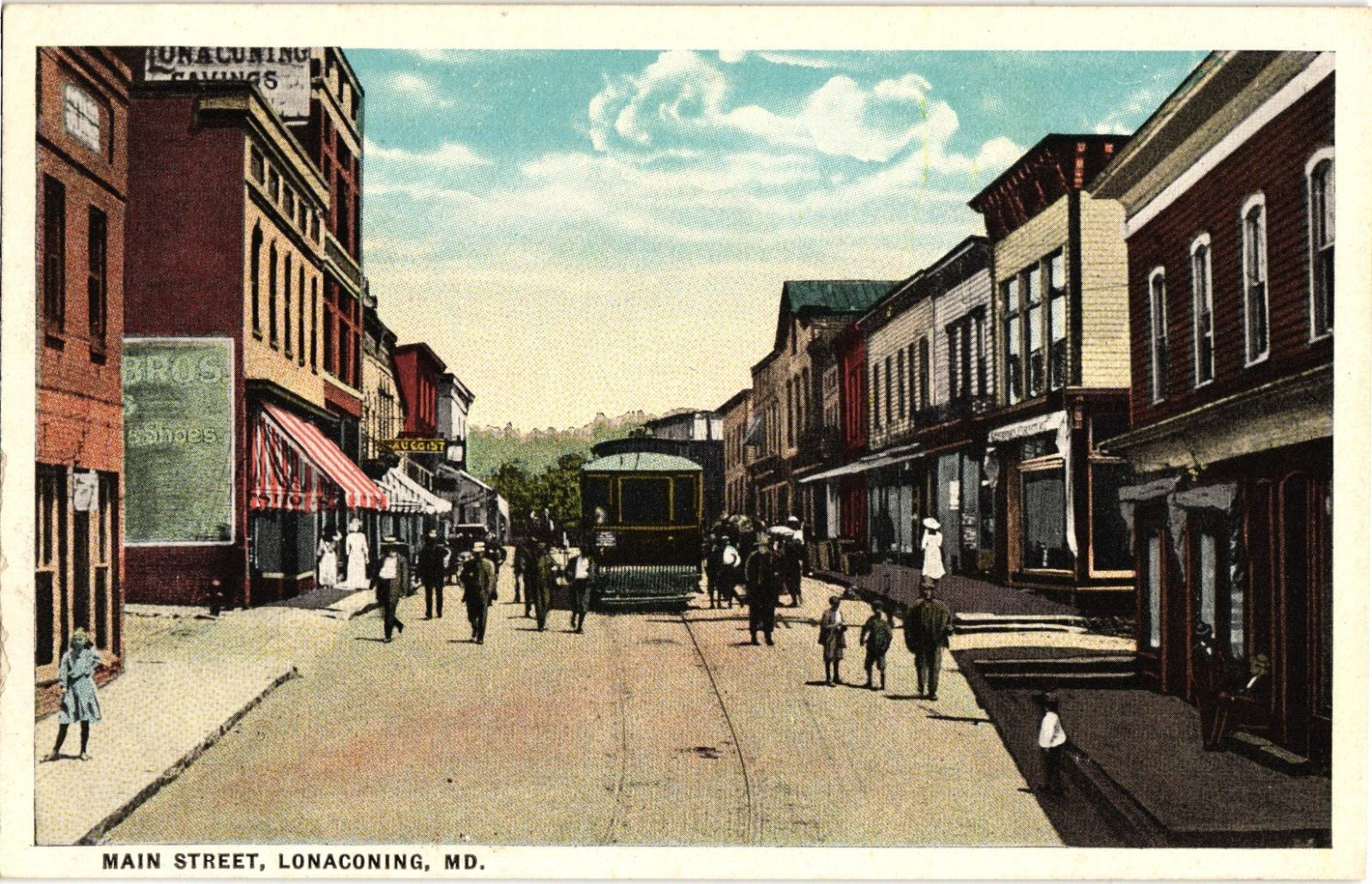 Main Street Tram People Lonaconing MD White Border Unposted Postcard c1916