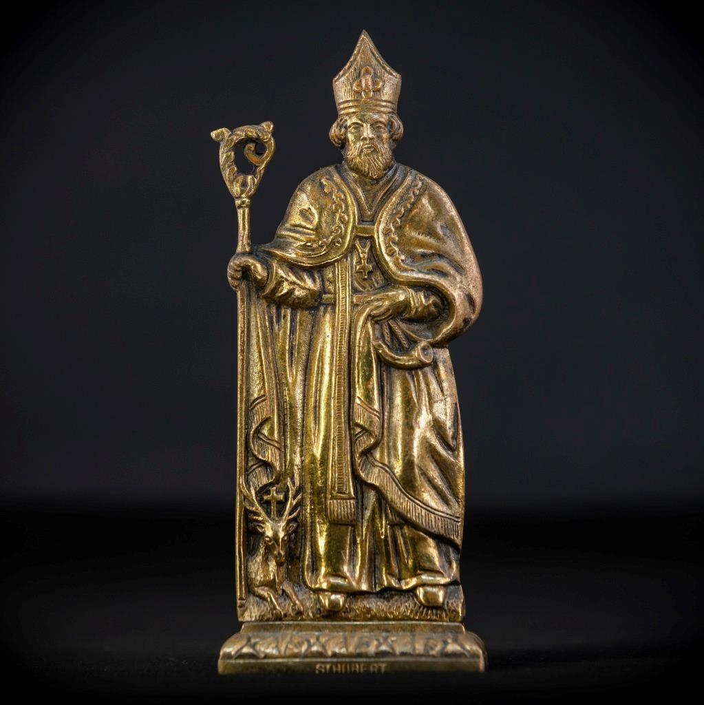 St Hubert Gilded Bronze Sculpture | St Hubertus Gilt Antique Statue Hunters 8.3”