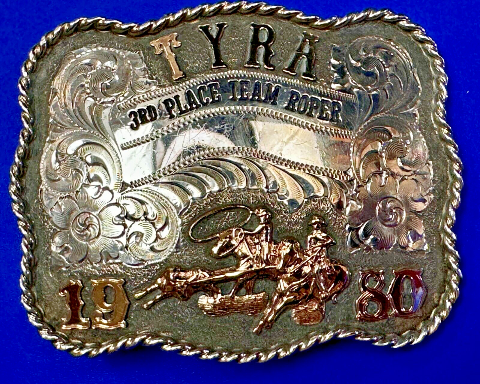 TYRA Team Roper Rodeo Trophy Vtg. Sierra Silver 1/10K Gold Belt Buckle by Gist