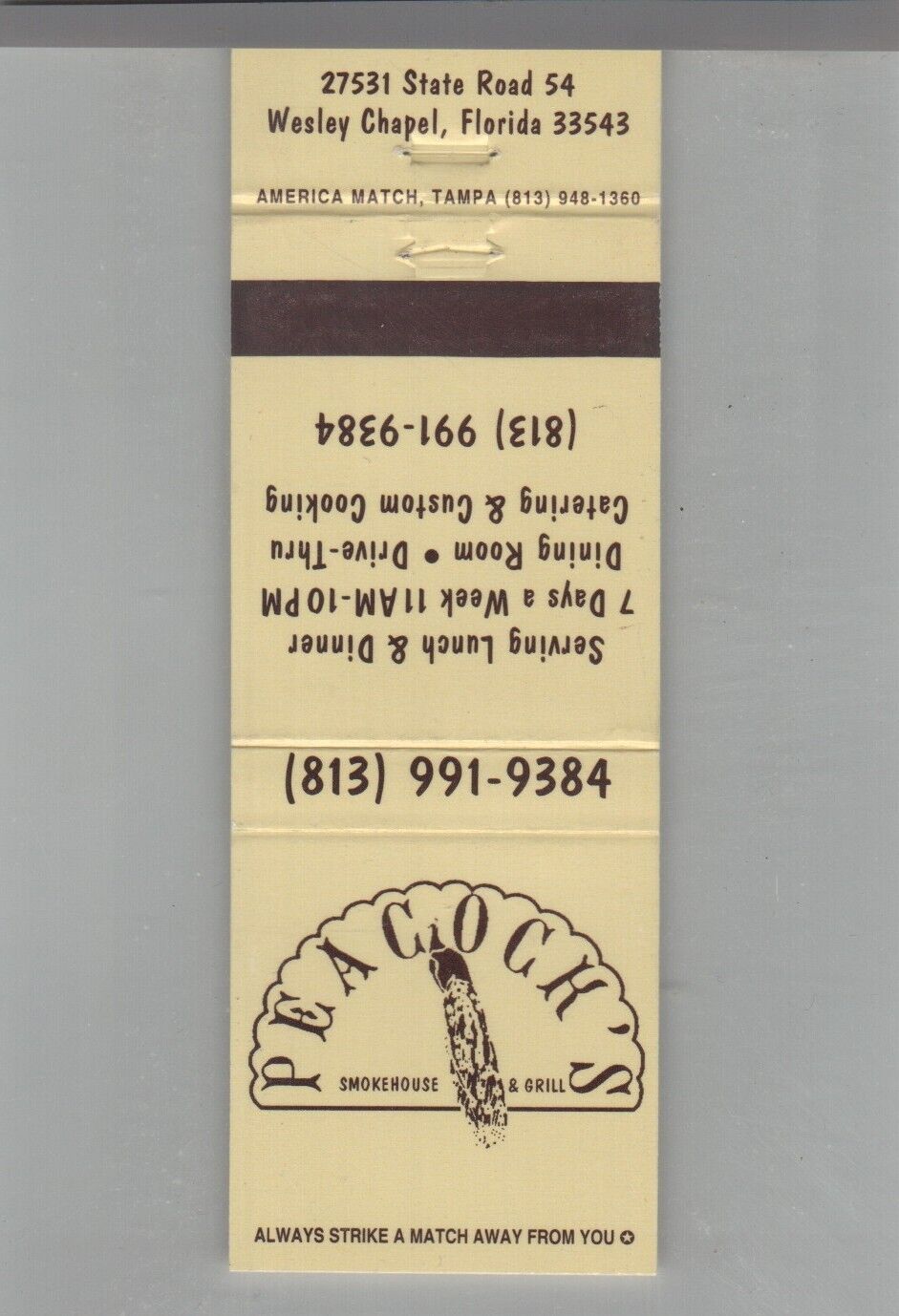 Matchbook Cover - Florida Peacock\'s Smokehouse & Grill Wesley Chapel, FL