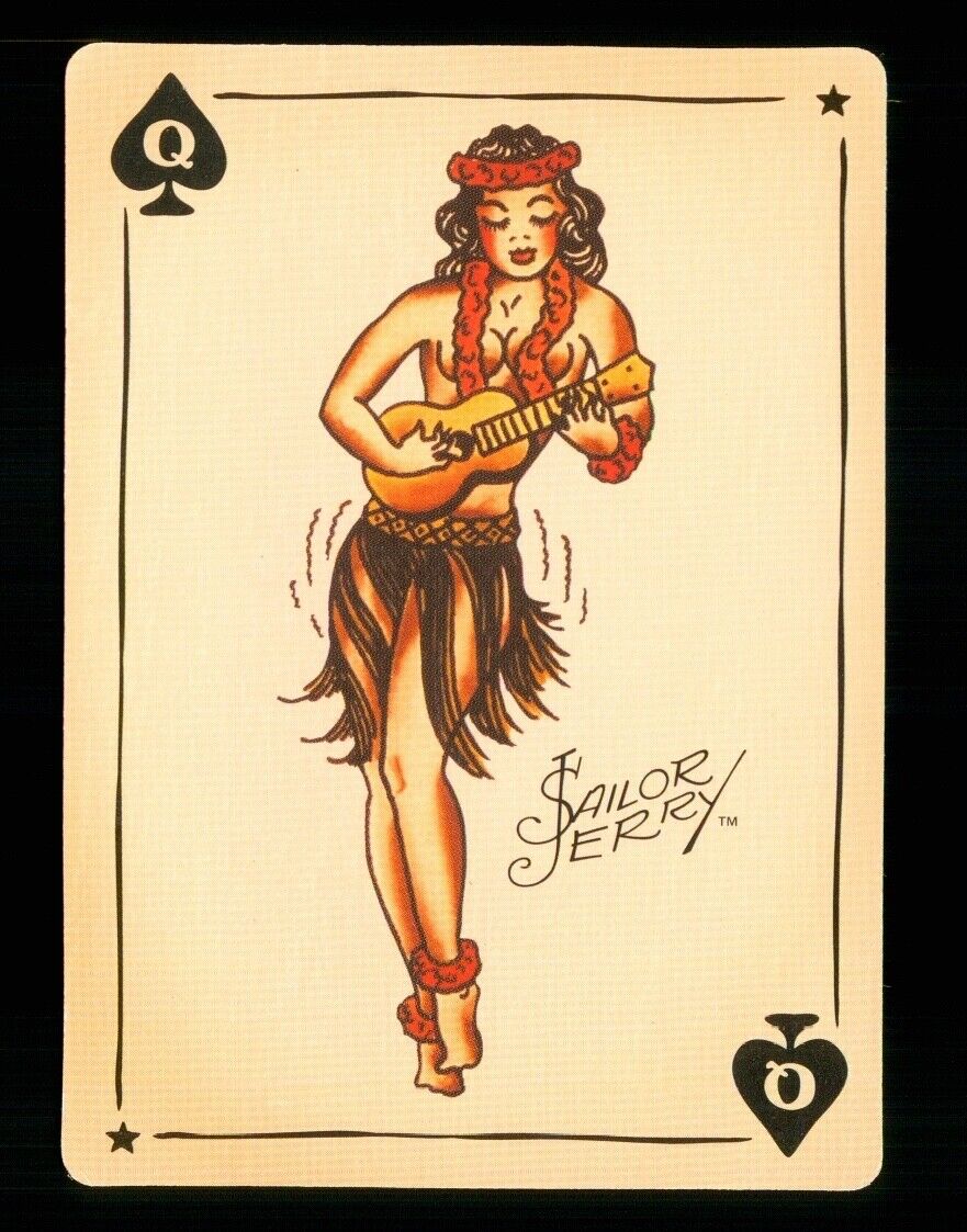 1 x modern playing card Sailor Jerry Tattoo woman guitar - queen of Spades R088