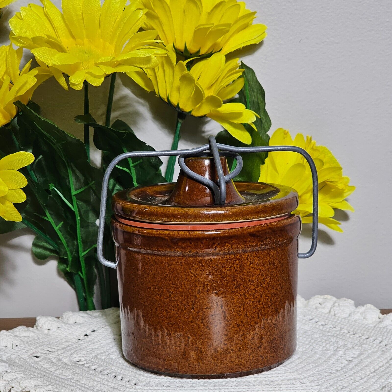 Vintage Stoneware Brown Butter Cheese Crock Jar  Farmhouse Metal Wire Clamp Seal