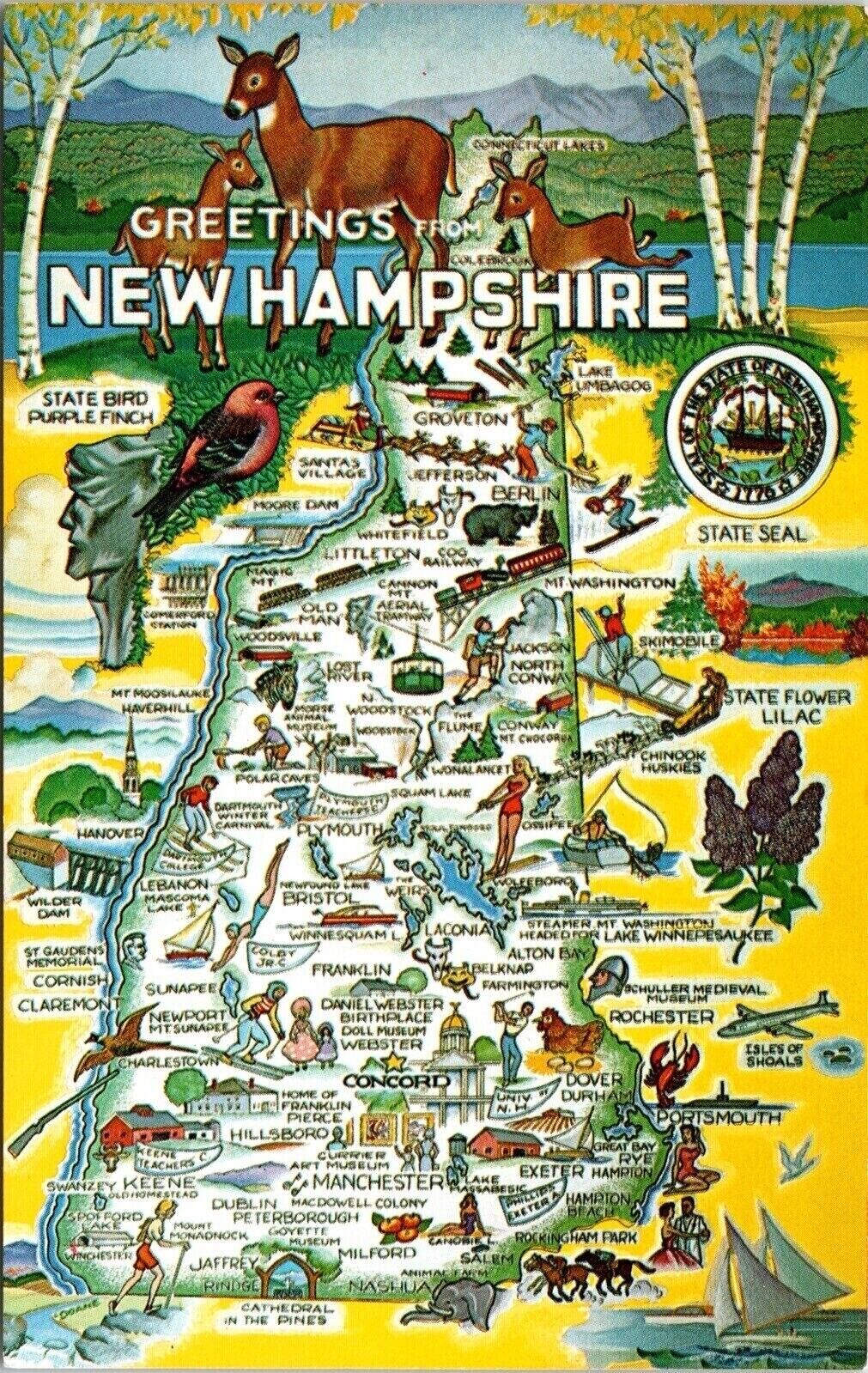 Greetings New Hampshire NH Labeled Scenic Visiting Areas Animals Postcard Unused