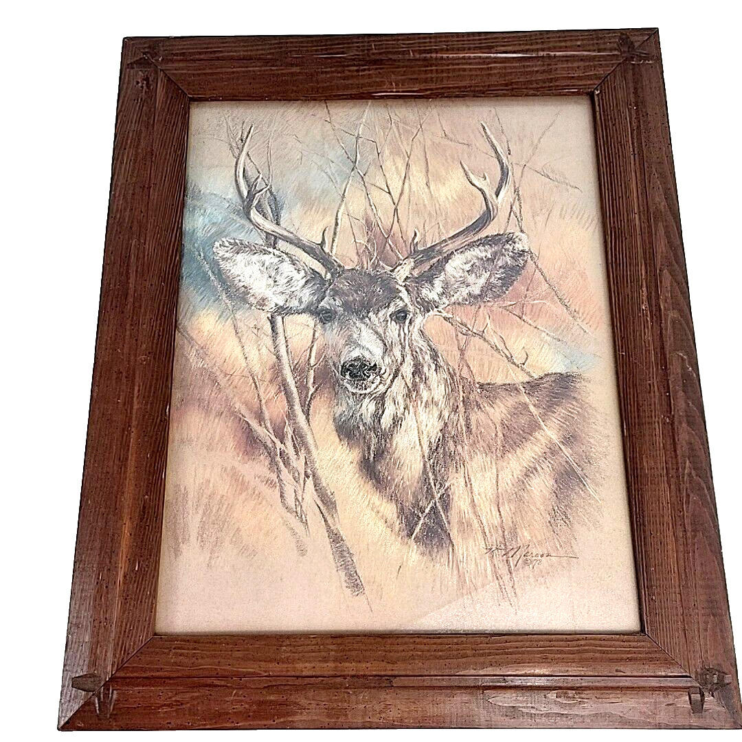 K Maroon Silent Buck Home Interiors Wood Framed Picture Deer 20.5\
