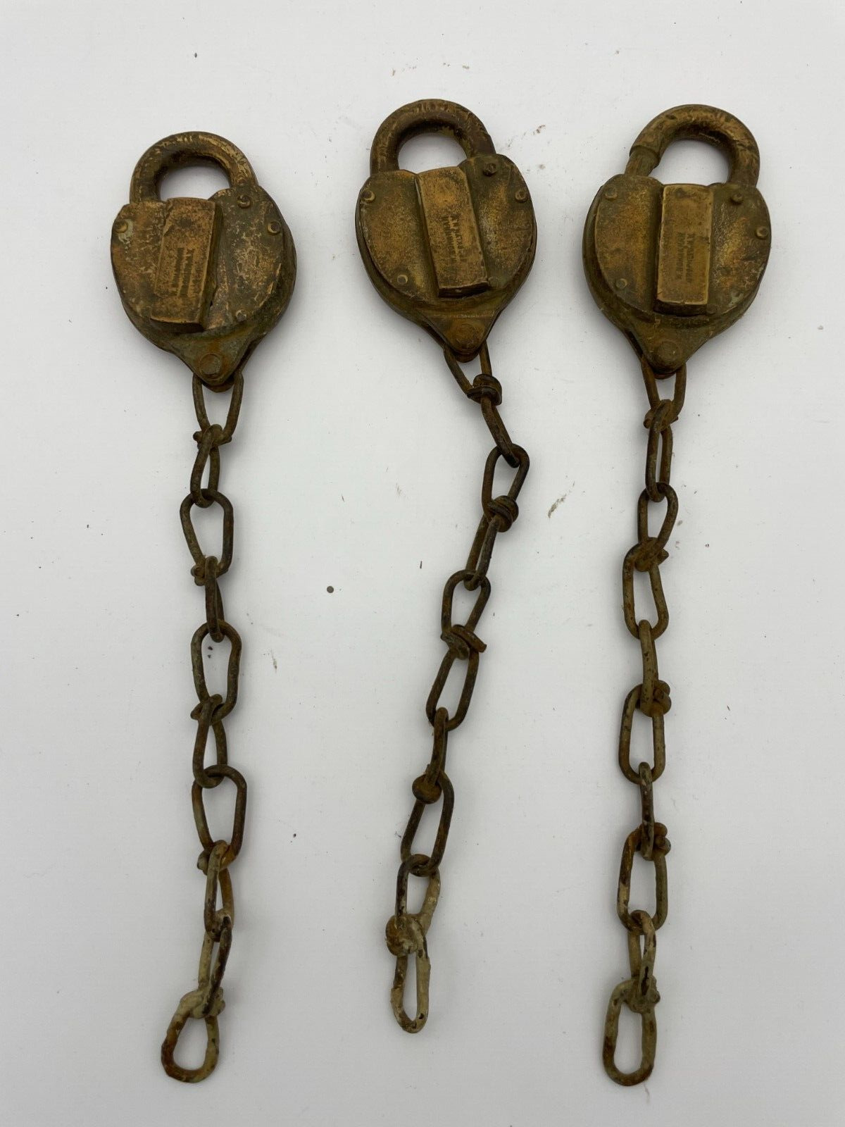 Three (3) Antique Wilson W.Bohannan Brooklyn NY Brass Padlock Lock W/Chain
