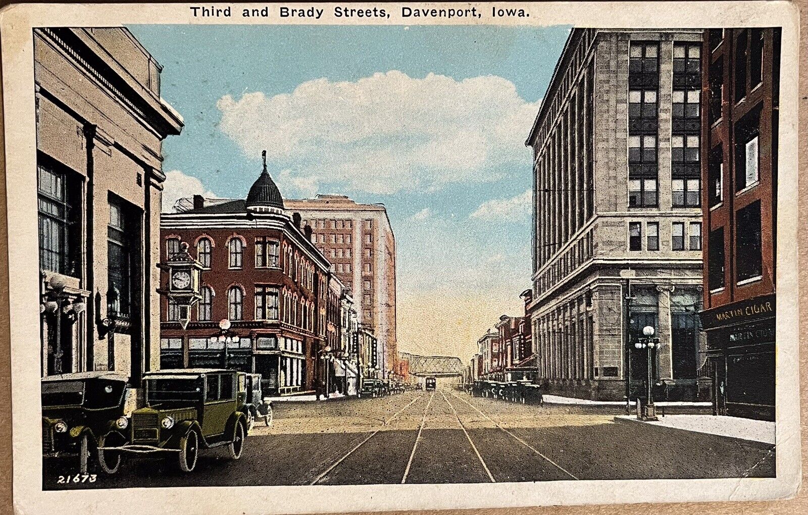Davenport Iowa Brady Street Old Cars Trolley Antique Postcard c1920