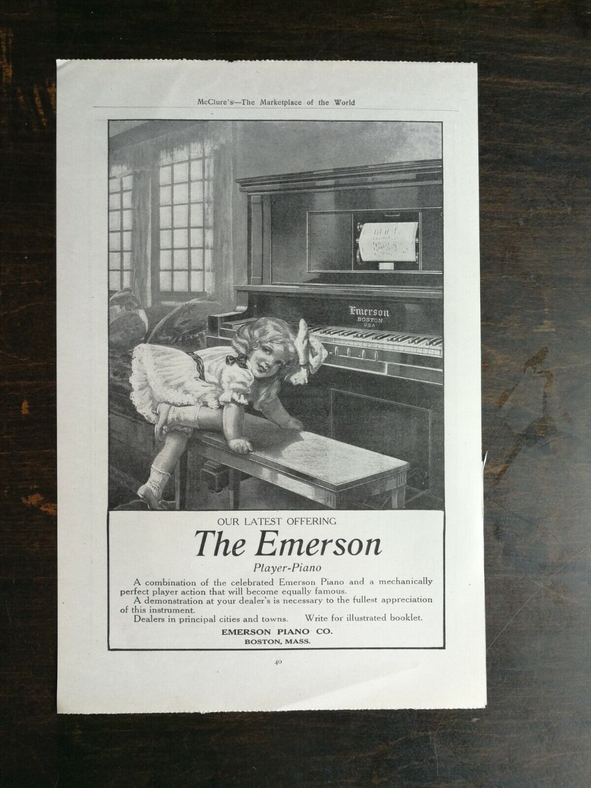 Vintage 1912 The Emerson Player Piano Girl on Piano Bench Full Page Original Ad