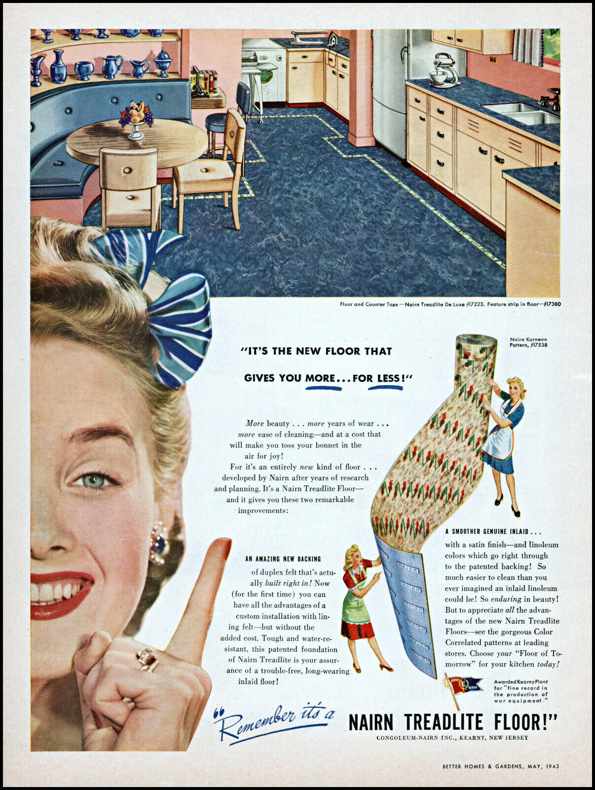 1943 Home Kitchen Nairn Treadlite Floor Kearny NJ vintage art print ad L85