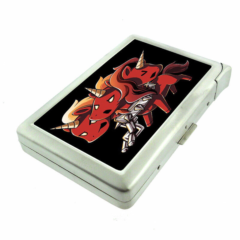 Devil Unicorn Em1 100\'s Size Cigarette Case with Built in Lighter Metal Wallet
