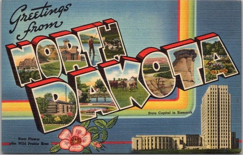 c1940s NORTH DAKOTA Large Letter Postcard State Capitol & Flower - Tichnor LINEN
