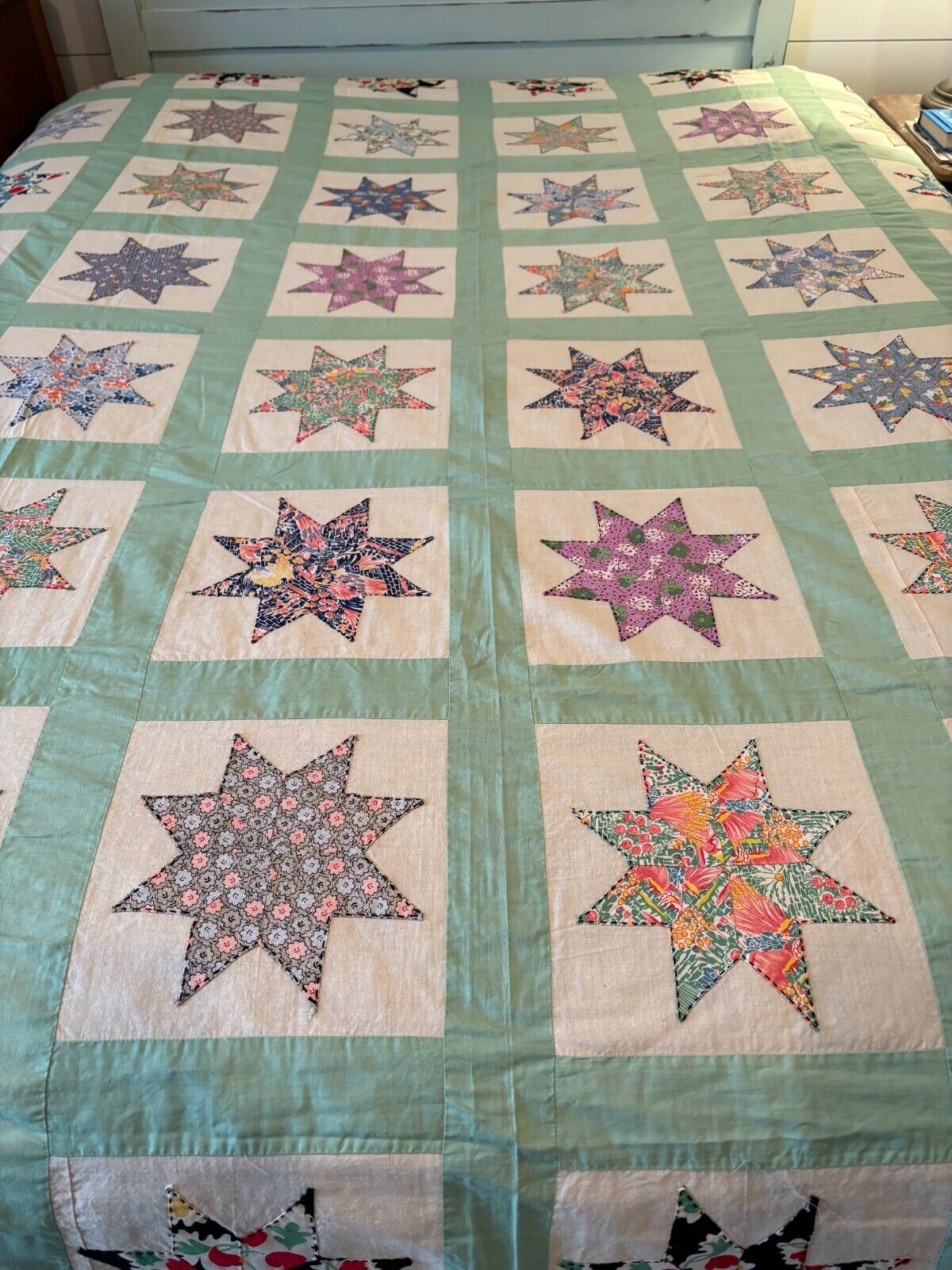 Vintage Handmade Quilt Top 8 Point Star Blocks w/Mint Green Borders  71 x 90 in
