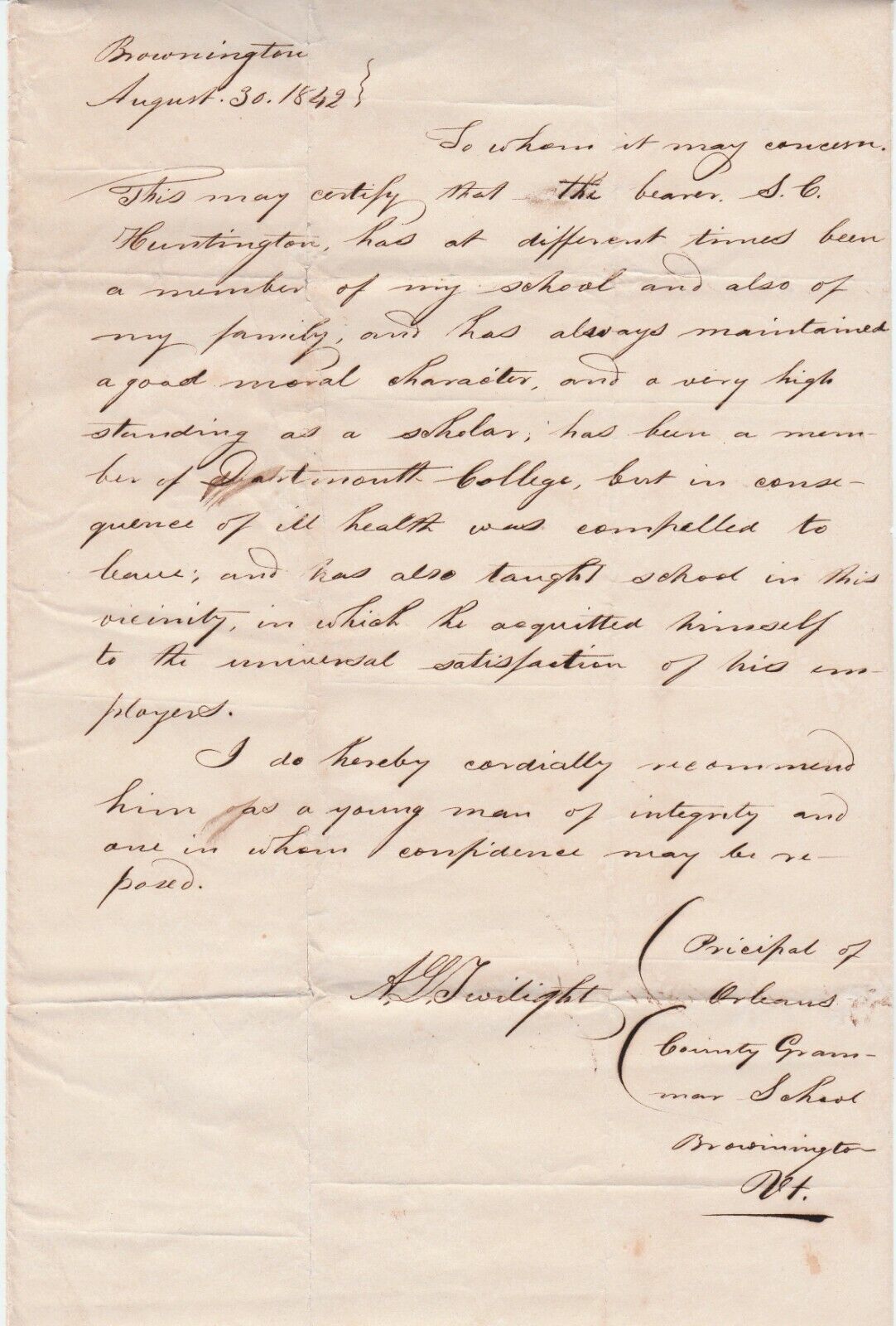 1st Black American College Grad - Alexander Twilight Signed Letter 1842 - x RARE