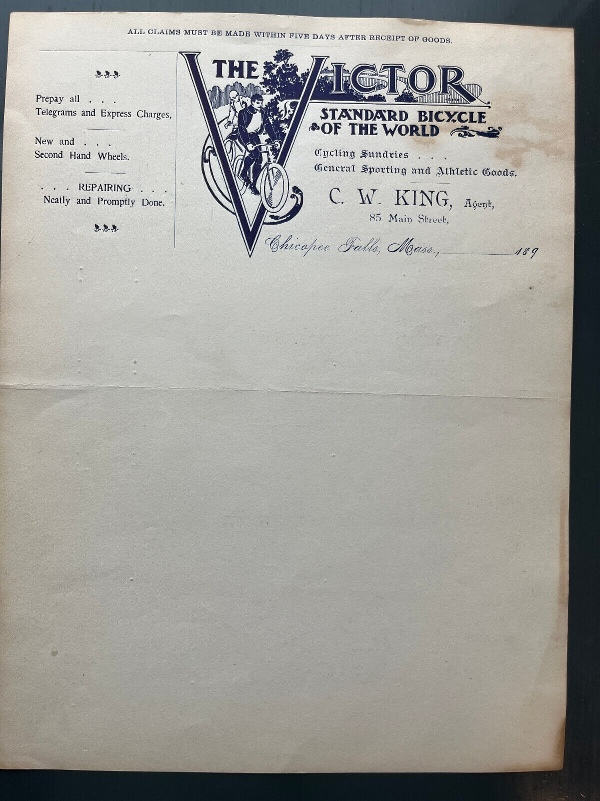 1918 THE VICTOR STANDARD BICYCLE OF THE WORLD LETTERHEAD CHICOPEE FALLS MASS.