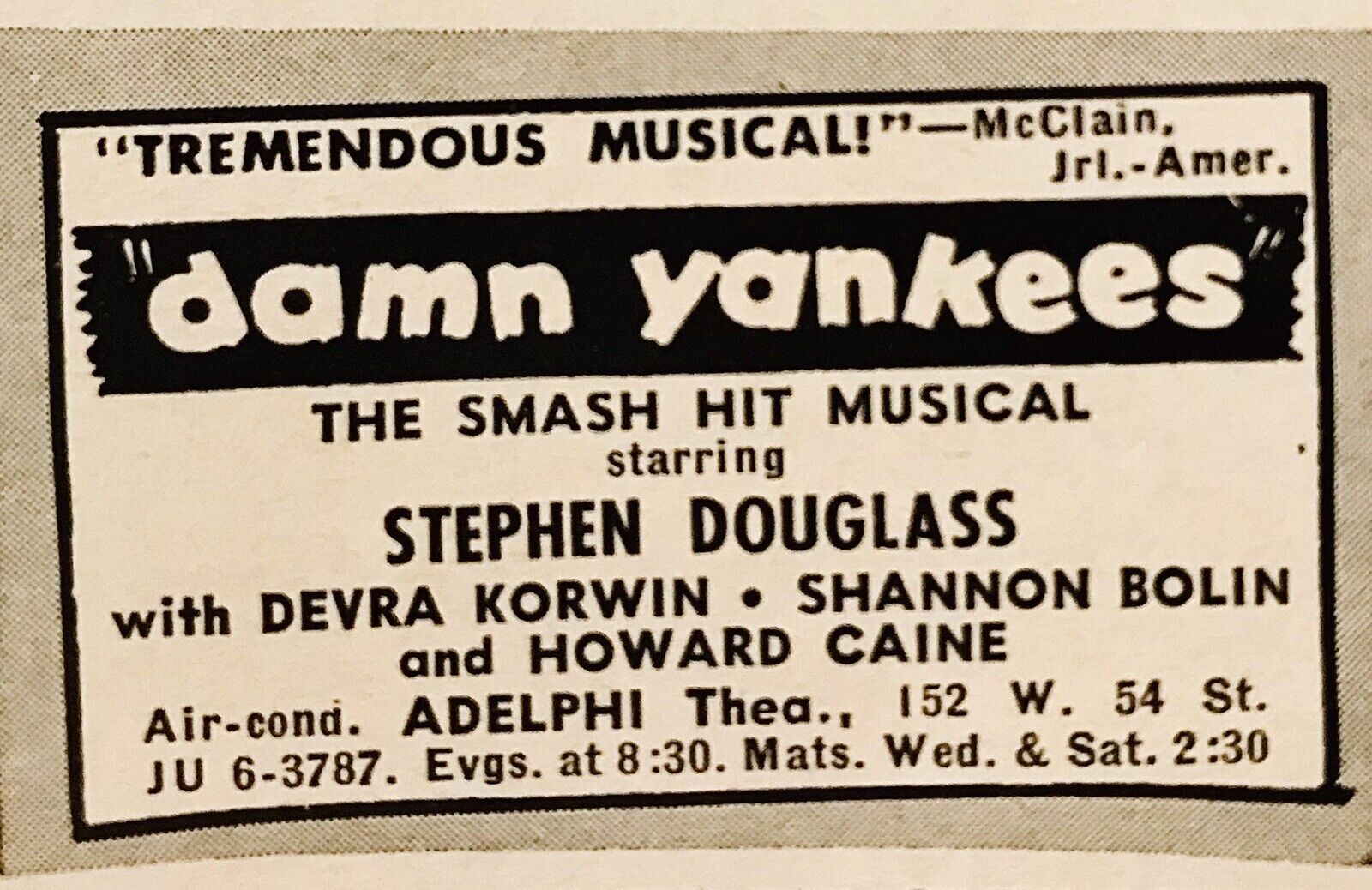 1957 Damn Yankees Broadway AD Stephen Douglass 2.5”VINTAGE PROMO