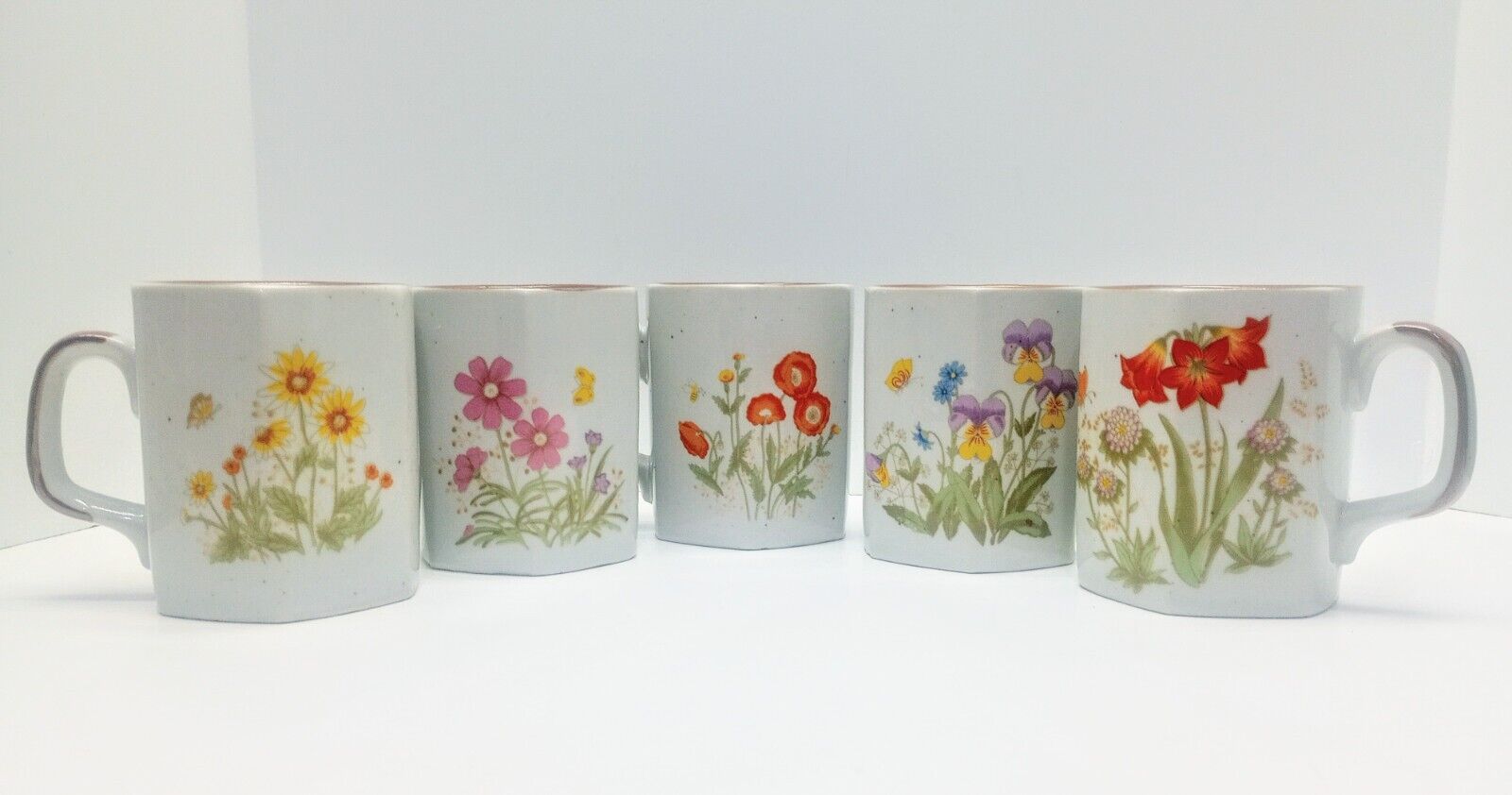 Set of 5 Vintage Speckled Stoneware Hexagon Coffee Mugs Flowers Poppies Pansies