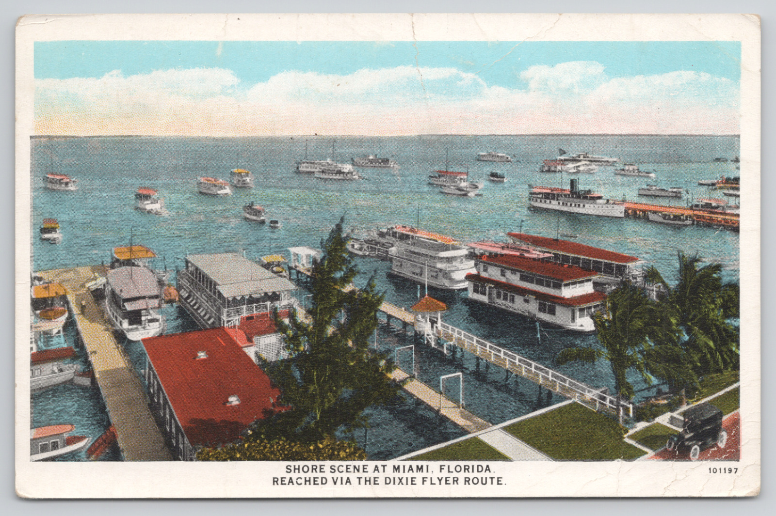 Miami Florida Shore Scene Boats Pier Dixie Flyer Railroad White Border Postcard