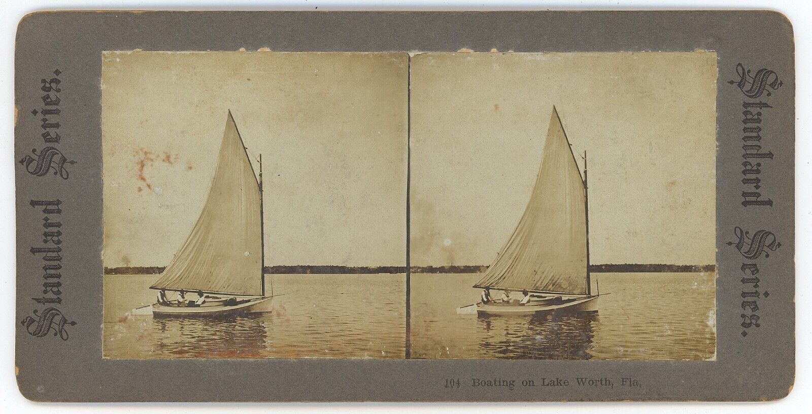 c1900\'s Real Photo Rare Stereoview Sailboat, Boating on Lake Worth, Florida